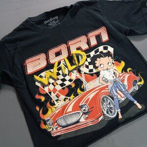 Betty Boop "Born Wild" Racing Graphic Cropped Tee - Black - Size S